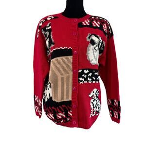 Vintage Cervelle‎ Red Sweater Dogs Size MEDIUM Cotton Dalmatian Scottie Black